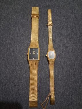 Vintage Xavier Quartz Watch Pair Men's & Women's Diamonds Swiss 80's Gold Plate